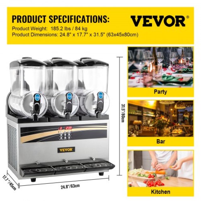 Επαγγελματική Μηχανή Γρανίτας VEVOR, 3 x 15 L, 800 W, με Έξυπνο LED Πίνακα Ελέγχου  SY45L800W220VAL8QV2