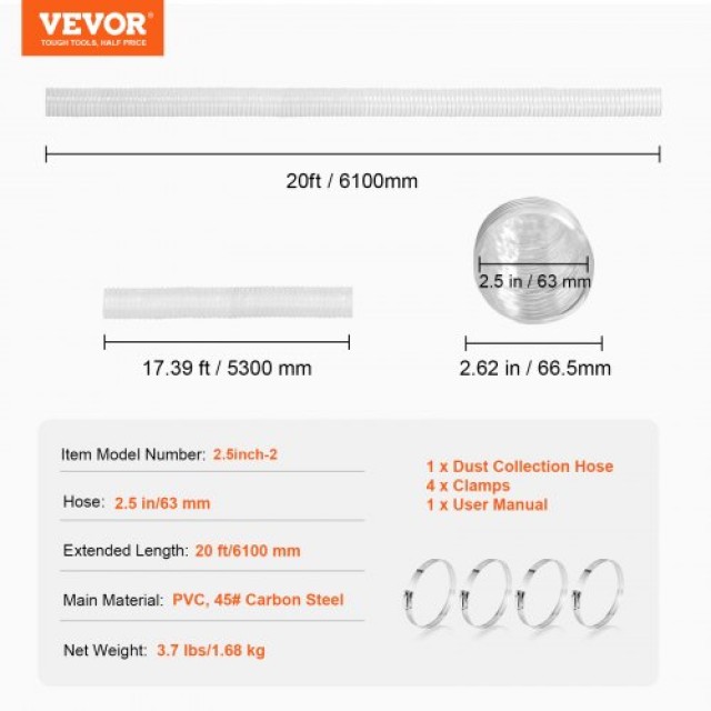 VEVOR  Εύκαμπτος Διαφανής Σωλήνας Συλλογής Σκόνης 2.5 x 20 PVC MGJCRG20FT25OXBQJV0