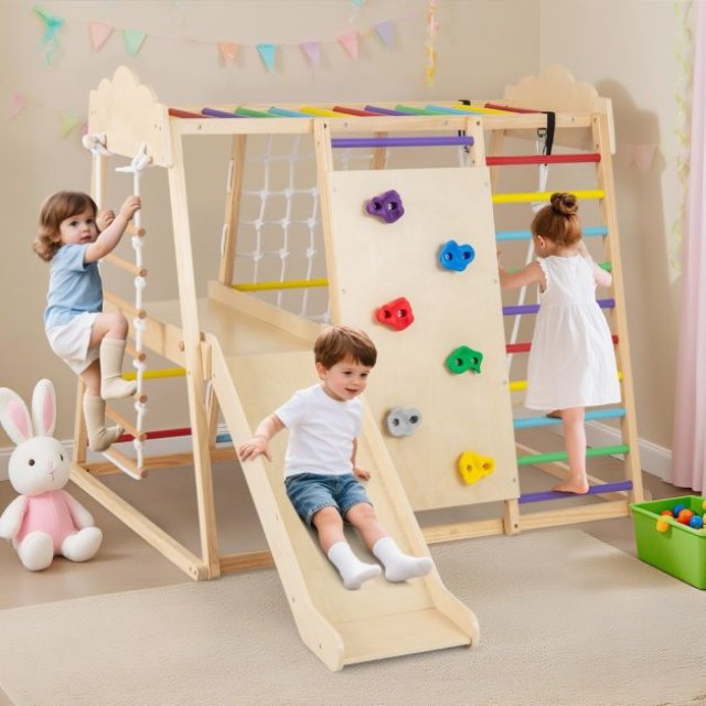 Costway Πολύχρωμο Σετ Γυμναστικής Τζούνγκλας 8-σε-1 με Ξύλινα Παιχν...