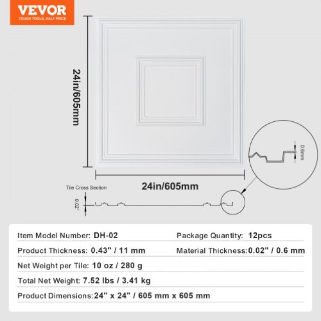 VEVOR Πλακάκια Οροφής 12τμχ 24x24in PVC Εύκολη Εγκατάσταση Λευκά Γεωμετρικά  THBZPVCB12J2BINQSV0