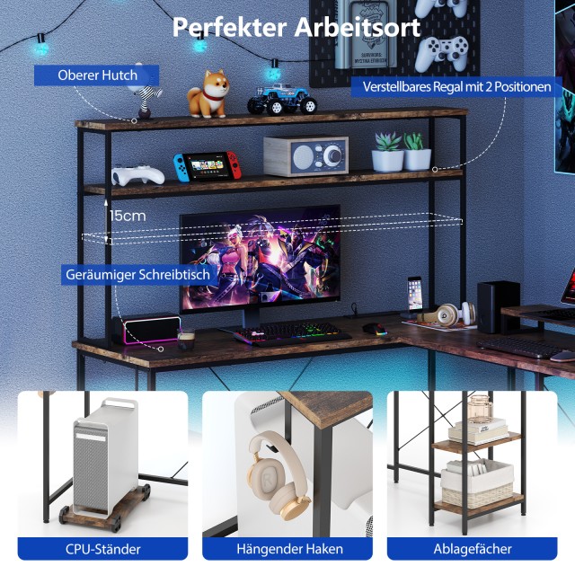Costway Γωνιακός Γραφείο Gaming με LED και Πρίζες - Καφέ CB10592DE-CF+