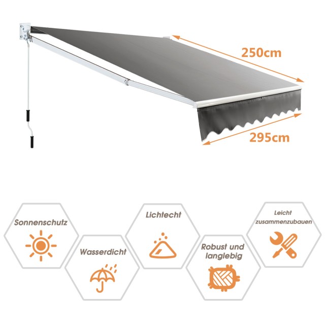 Costway Αλουμινένια Τέντα Σκίασης Βεράντας 295 x 250 cm Γκρι OP70368GR