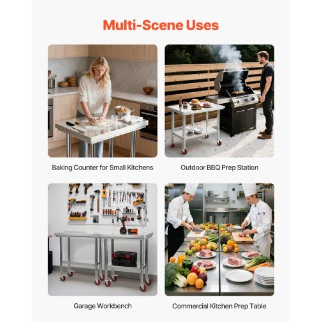 VEVOR Ανοξείδωτο Τραπέζι Εργασίας 60 x 76 cm με Ρόδες και Ρυθμιζόμε...