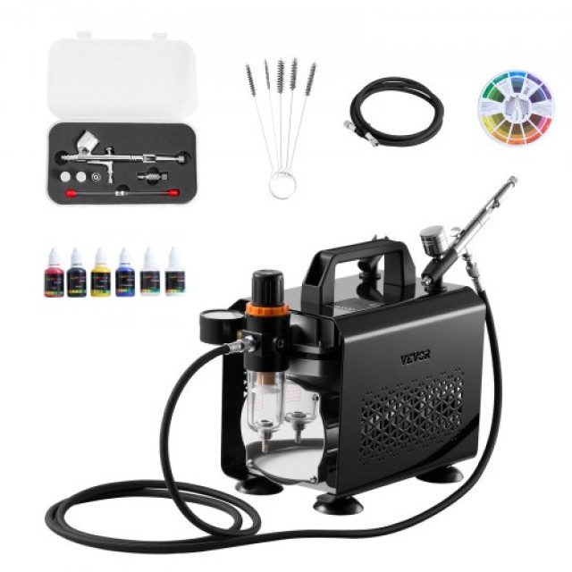 VEVOR Σετ Αερογράφου με Συμπιεστή 1/6 HP, 1 Αερογράφο και 3 Μύτες Β...