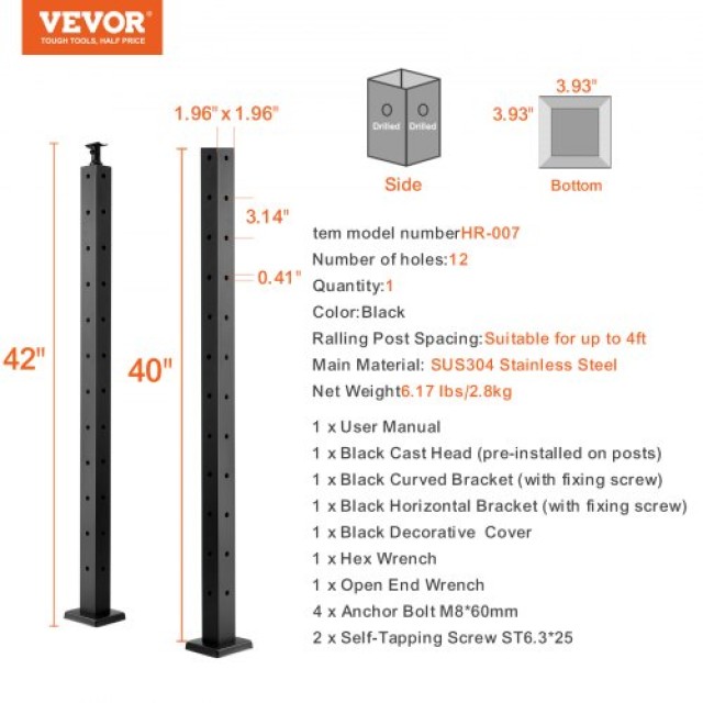 Γωνιακός Στύλος Κάγκελου VEVOR 42x2x2in Μαύρος 1τμχ  1JZLGZ106755UOBB9V0