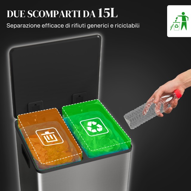 HOMCOM Κάδος Απορριμμάτων με 2 Διαμερίσματα 15L με Πεντάλ και Αθόρυ...