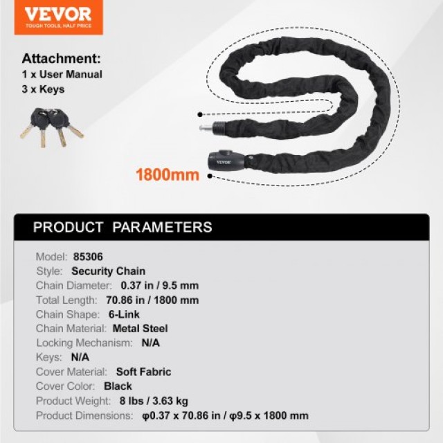 VEVOR  Κλειδαριά Αλυσίδας Ποδηλάτου 1.8μ με Συνδυασμό και 4 Κλειδιά 10mm ZXCLSYTSLS104E02ZV0