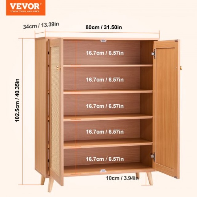 VEVOR  Ντουλάπι Παπουτσιών Rattan 5 Επιπέδων με 2 Πόρτες & Ρυθμιζόμενα Ράφια DMTBXJ2M293718WI7V0