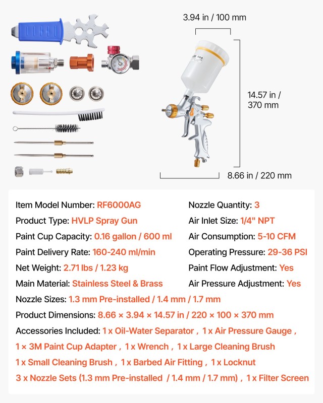 VEVOR Πιστόλι Βαφής HVLP με Βαρύτητα, 3 Μπεκ (1.3/1.4/1.7mm), Χωρητ...