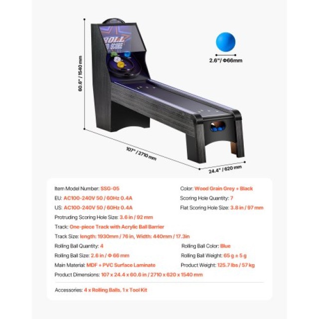 VEVOR 9 ft Τραπέζι Arcade Roll & Score με Ηλεκτρονικό Σκορ και 4 Μπάλες GDQJLEDDK9YCL8XD9V2