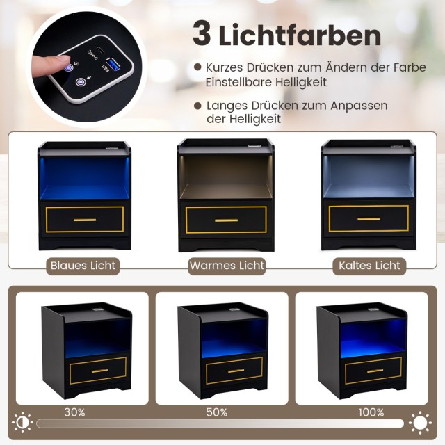 Costway  Κομοδίνο με LED Φως, Θύρα USB, Σταθμό Φόρτισης Τύπου-C και Αισθητήρα Κίνησης Μαύρο 40 x 30 x 60 εκ. HU10563DE-BK