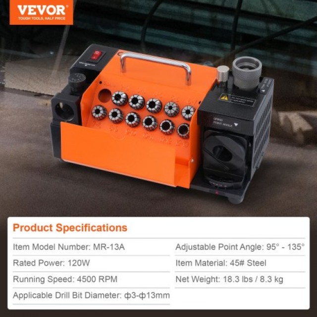 VEVOR  Ακονιστής Τρυπανιών MR-13A, 3-13mm, Ρυθμιζόμενη Γωνία 95°-135°, Φορητός με 11 Δακτυλίους, Τροχοί CBN & SDC ZTYMJ321819C2DOZEV2