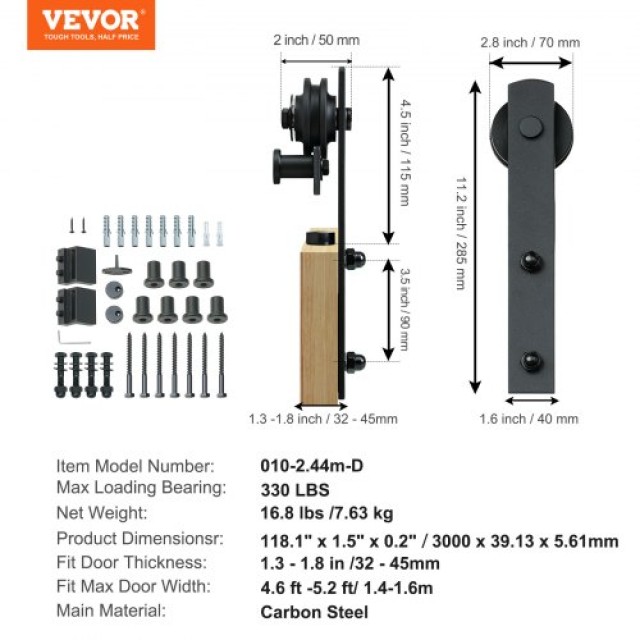 VEVOR  Σετ Συρόμενης Πόρτας 10FT, 330LBS, για Πόρτα 4.6-5.2FT, Πάχο...