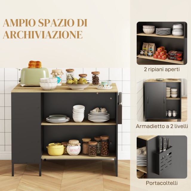 HOMCOM Kitchen Island με ράφια, σχάρα μαχαιριών και ντουλάπι με συρόμενη πόρτα, 14,5x70x90cm, Μαύρο 801-367V00BK