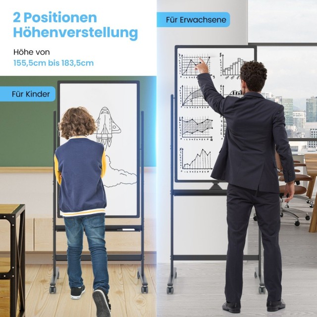Costway Διπλής Όψης Πίνακας Whiteboard με Ρυθμιζόμενο Ύψος και Αξεσουάρ CB10564BK