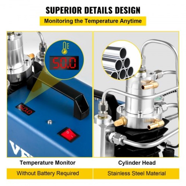 VEVOR  Συμπιεστής Υψηλής Πίεσης 4500PSI/30MPA/300BAR, 1800W 220V, Αυτόματη Διακοπή για Αεροβόλα & Καταδυτικές Φιάλες GYQBZDT1.8KW-9XLWV2