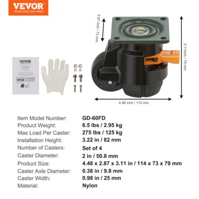 Σετ 4 Ρυθμιζόμενα Ροδάκια VEVOR, 500kg, 2, Βαρέως Τύπου με Περιστροφή 360° για Πάγκο Εργασίας  DJJLBSDJPBS4QUJMHV0