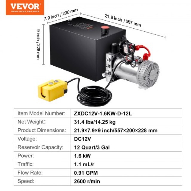 VEVOR Υδραυλική Αντλία 12Qt Μονής Ενέργειας DC 12V  YXYYB12VZLDJD75...