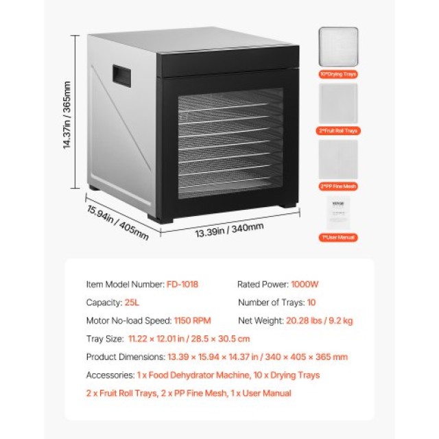 VEVOR Αφυγραντήρας Τροφίμων 10 Δίσκων 1000W Ανοξείδωτος SGHGJ1000W10FYLUFV2