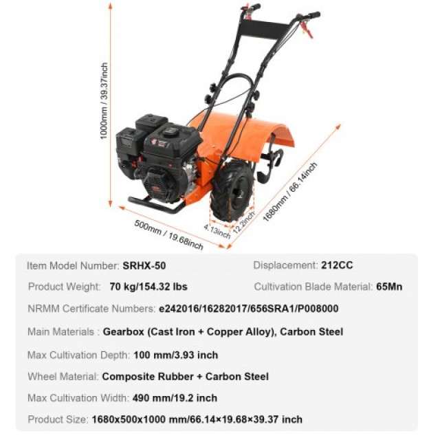 Βενζινοκίνητο Σκαπτικό VEVOR 212CC 4-Χρονών με Ρυθμιζόμενες Λεπίδες  RYGYJ212CCSCB4VIRV0