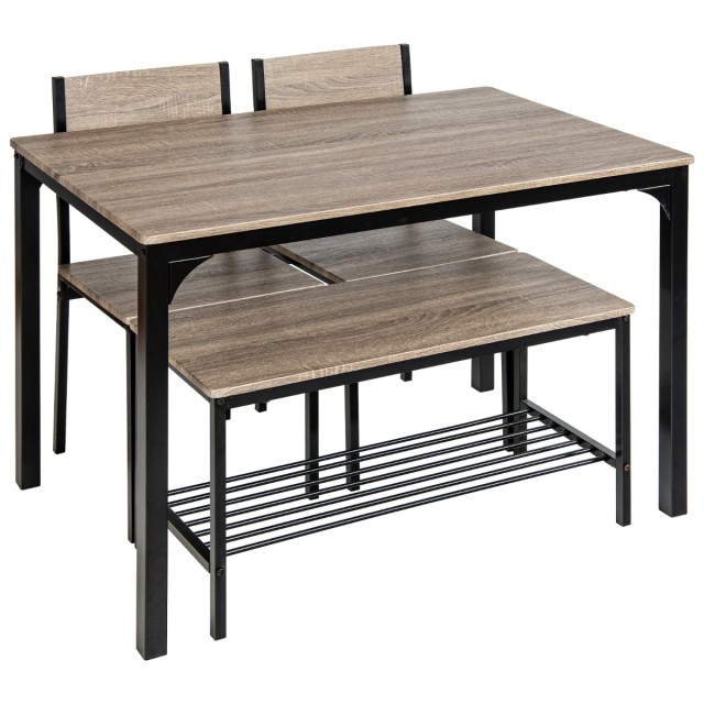 Σετ Τραπεζαρίας 4 Τεμαχίων με Τραπέζι 110 x 70 x 76 cm, Πάγκο 40 x 43 x 86 cm και 2 Καρέκλες 85 x 36 x 46,4 cm  Γκρι Ξύλο KC55737GR Costway