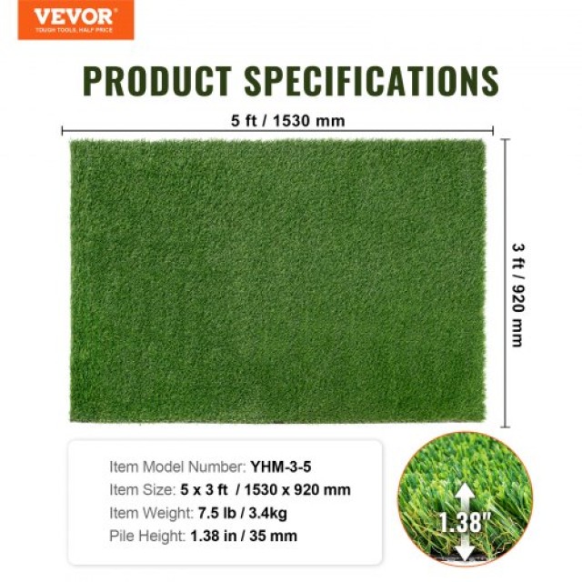 VEVOR Τεχνητό Γρασίδι 0.9 x 1.5 m, 35mm Πράσινο Χαλί Εξωτερικού Χώρου με Οπές Αποστράγγισης  RZCP1J3X5FT1TWKGWV0