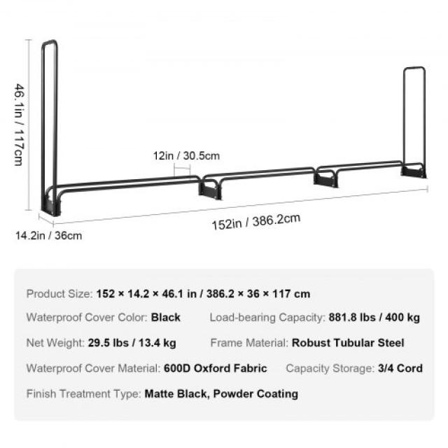 VEVOR Ράφι Καυσόξυλων 3/4 Cord με Κάλυμμα 12.7FT για Εσωτερική/Εξωτερική Χρήση  DCJPSYGNJB152FGMBV0