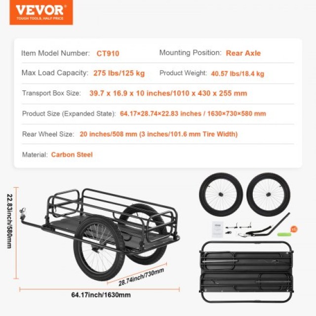 VEVOR Τρέιλερ Ποδηλάτου, Ικανότητα Φόρτωσης 275 λίβρες, Ανθεκτικό Καρότσι Ποδηλάτου YYKHZ2275B00P8EV8V0