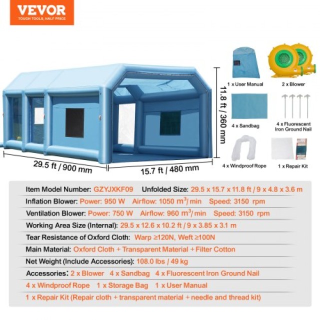 Φουσκωτός Θάλαμος Βαφής VEVOR, 9x4.8x3.6μ, με Ισχυρούς Φυσητήρες & Φίλτρα Αέρα, Φορητός για Μεγάλα Οχήματα  CQSPQFLSKCGLKV62LV2