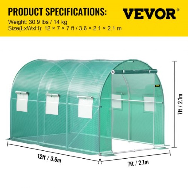 Φυτώριο Σήραγγας VEVOR 12x7x7 ft με Χαλύβδινους Σκελετούς & 6 Παράθυρα, Πράσινο  YDSDWSL1277FTLT3OV0