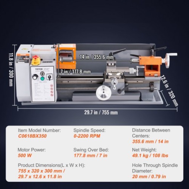 VEVOR Τόρνος Μετάλλου 7 x 13.78, Ακριβείας με Μεταβλητή Ταχύτητα 0-...