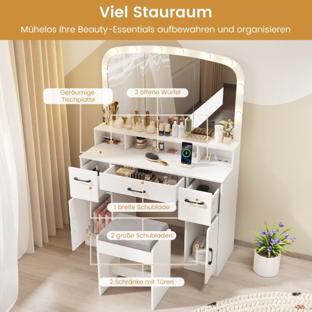 Costway Σετ Καλλωπισμού με Καθρέφτη LED 3 Χρωμάτων & Σκαμπό - Λευκό...