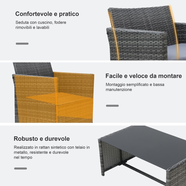 Outsunny σετ επίπλων κήπου σε καναπέ PE Rattan Grey με 2 πολυθρόνες και τραπεζάκι σαλονιού 860-064
