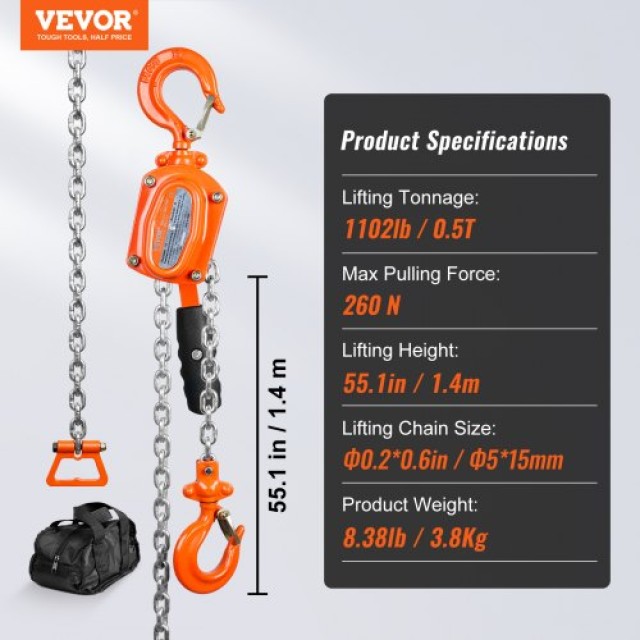 VEVOR Χειροκίνητος Αλυσοτροχός 1/2 Τόνου 1100 lbs 5 FT, G80 Γαλβανισμένος Χάλυβας με Φρένο Weston, Αυτόματη Οδήγηση Αλυσίδας & Περιστρεφόμενος Γάντζος 360°, για Γκαράζ Εργοστάσιο Ντόκ.  MNSBHLH12T5FT2QE1V0