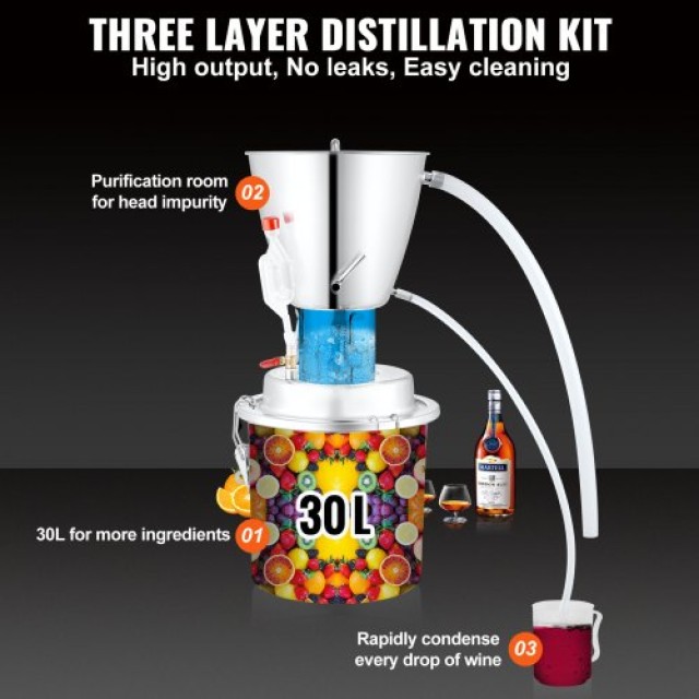 VEVOR  Αποστακτήρας Νερού-Αλκοόλ 8 Gal/30 L, Ανοξείδωτο Ατσάλι 304, Κιτ Οικιακής Απόσταξης με Θερμόμετρο, για Ουίσκι Μπράντι Αιθέρια Έλαια DTZLQB30L220VMNVEV2