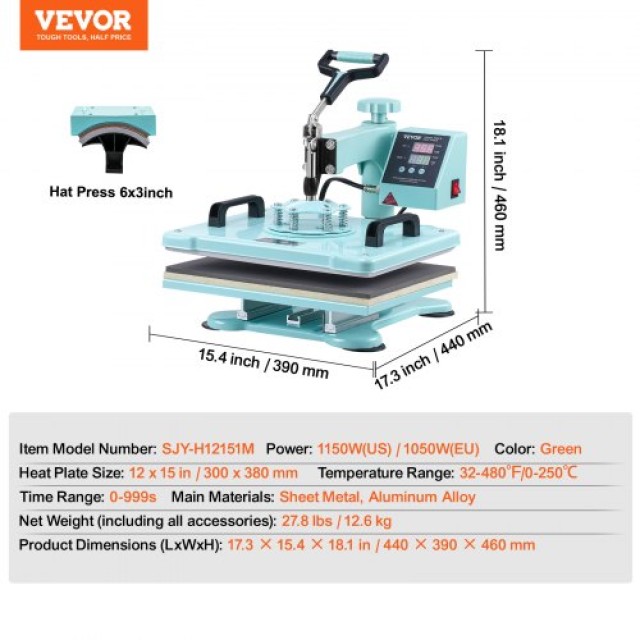 Μηχανή Θερμομεταφοράς VEVOR 12x15 2 σε 1 για Μπλουζάκια & Καπέλα  YTSTHJB121521N1SZV2