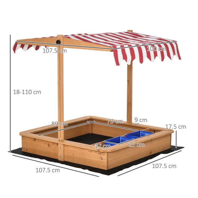 Outsunny Sandpit για Παιδιά από ξύλο με ρυθμιζόμενο θόλο, καθίσματα και μπανιέρες, 107,5x107,5x110cm 343-053