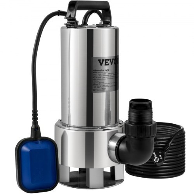 Αντλία Νερού VEVOR 1300W, 20000L/H, με 10μ Καλώδιο και Αυτόματο Φλοτέρ, Ανοξείδωτο Ατσάλι & Χυτοσίδηρο για Καθαρό/Βρώμικο Νερό  WSBB175HP220V7VE3V2