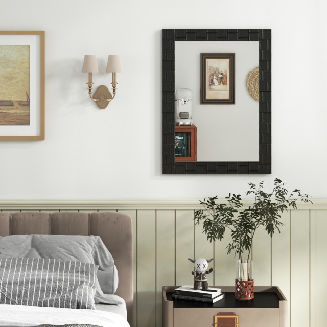 Costway Καθρέφτης τοίχου 80 x 60 cm από ξύλο καουτσουκόδεντρου με ξύλινο πλαίσιο Καθρέφτης μπάνιου Καθρέφτης καλλυντικών Μαύρος JV11863DK