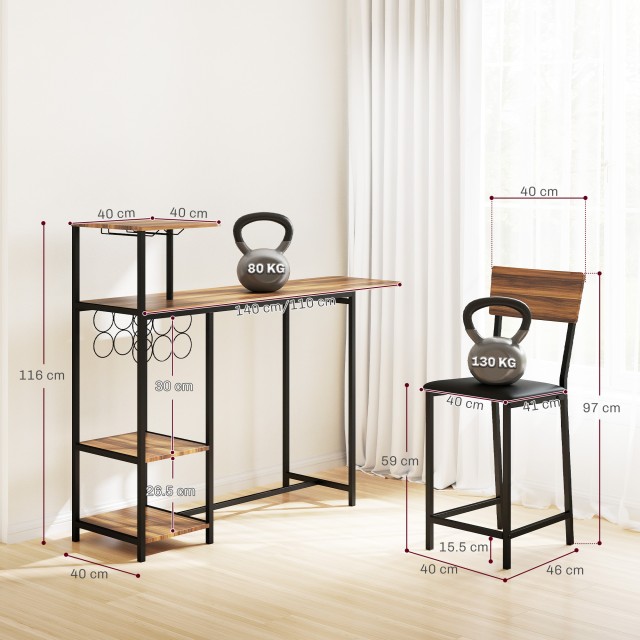 HOMCOM Σετ Πτυσσόμενου Μπαρ με 2 Ψηλά Σκαμπό με Πλάτη, Θήκη για Κρα...