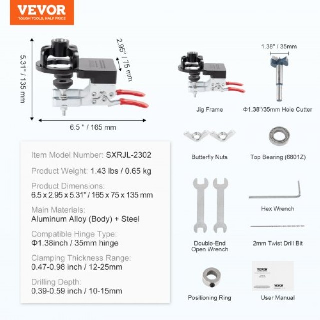 VEVOR 35 mm Κρυφή Μεντεσέδων Συσκευή, Αλουμινίου, Ακριβής Διπλή Σφιγκτήρας, Ξυλουργικό Εργαλείο για Πόρτες Ντουλάπια  JLDWKKQTS35MMM9D7V0
