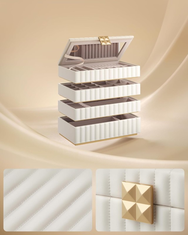 Κοσμηματοθήκη 4 επιπέδων με Καθρέφτη 17 x 28 x 20,5 cm Μπεζ SONGMICS JBC181W01