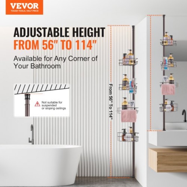 VEVOR  Γωνιακή Ράβδος Ντους 142-290cm Αντοχής στη Σκωρία  SCTPBXGSX...