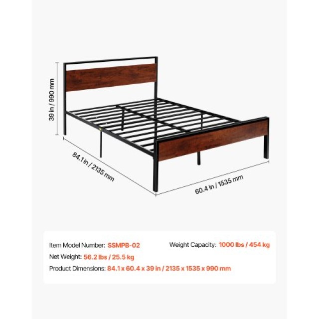 VEVOR Κρεβάτι Queen Size με Μεταλλικό Πλαίσιο, Κεφαλάρι και Ποδαρικ...