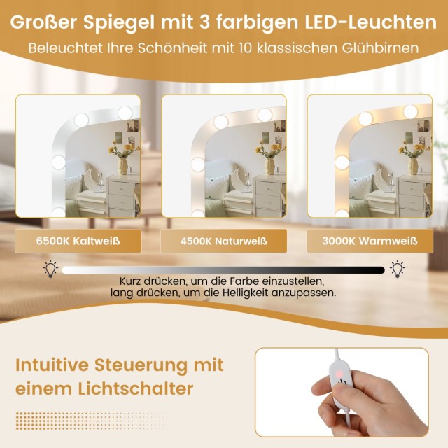 Costway Σετ Καλλωπισμού με Καθρέφτη LED 3 Χρωμάτων & Σκαμπό - Λευκό...