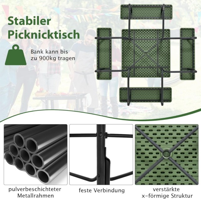 Costway Στρογγυλό Τραπέζι Πικνίκ με 4 Πάγκους & Οπή για Ομπρέλα για...