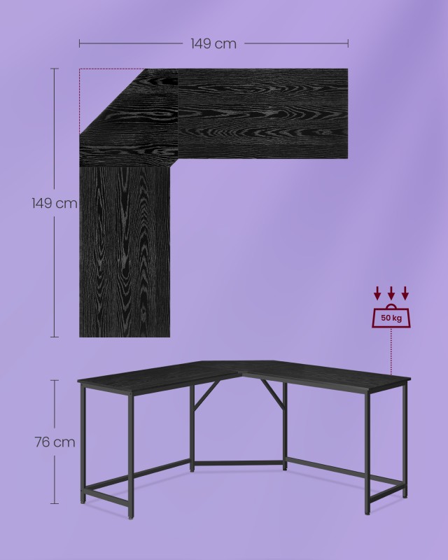 VASAGLE Γωνιακο Γραφείο 149 x 149 x 76 cm Χρώματος Μαύρο LWD073B56