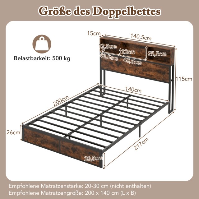 Costway Μεταλλικό Βιομηχανικό Κρεβάτι Πλατφόρμας με Ενσωματωμένη Πρ...
