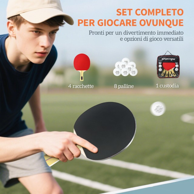 SPORTNOW Σετ 4 Ρακέτες Πινγκ Πονγκ και 8 Μπαλάκια με Θήκη Μεταφοράς...