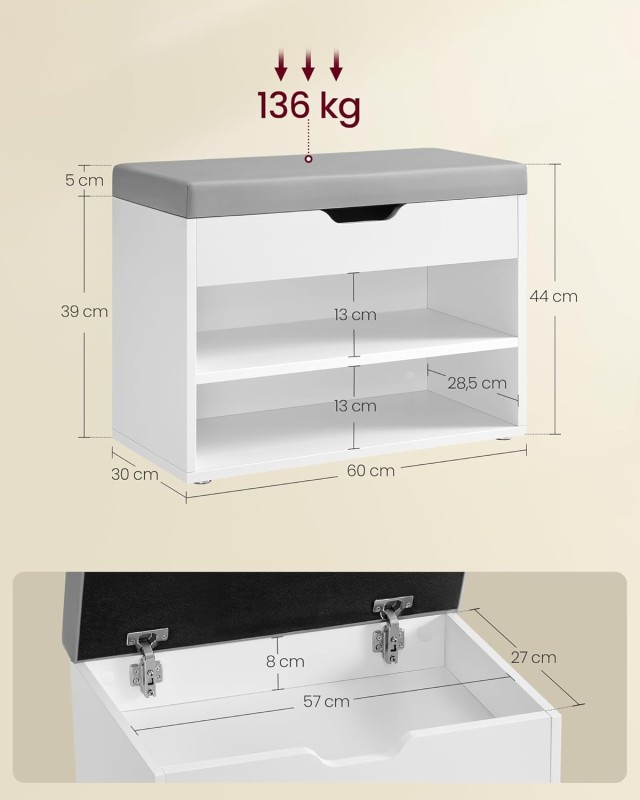 VASAGLE Λευκός Πάγκος Παπουτσιών με Αποθηκευτικό Χώρο 60x30x44 εκ. ...